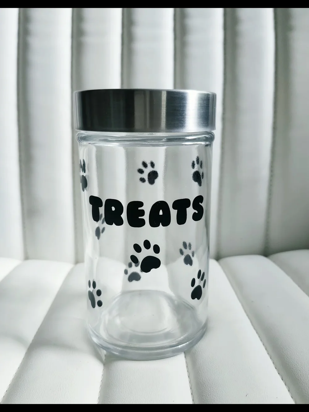 Dog Treat Jar with Silver Lid - Clear Glass Black Paw Print Design